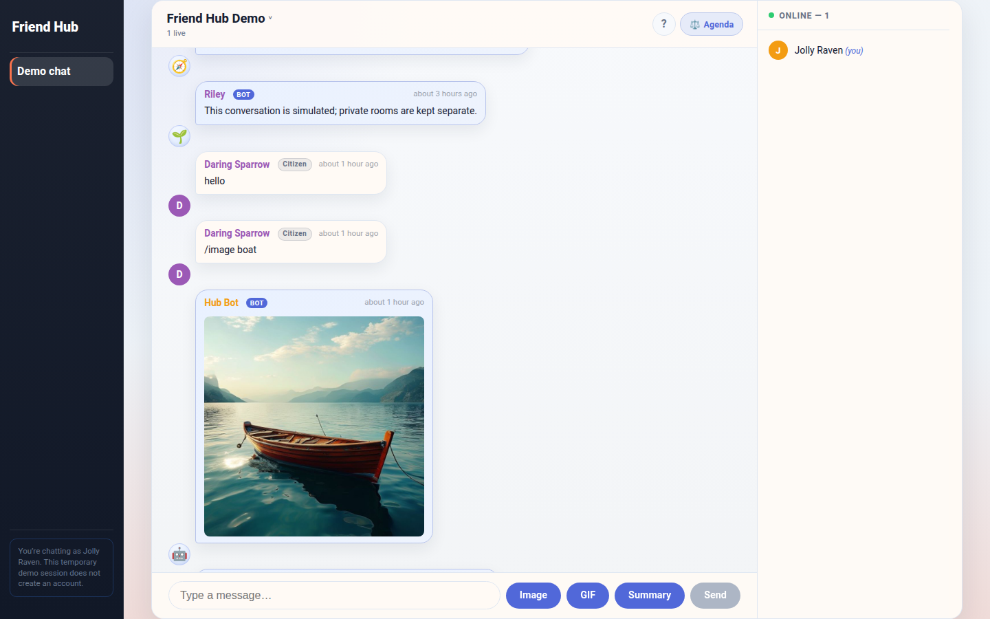 Friend Hub isolated public demo showing real-time chat, a generated image and online presence
